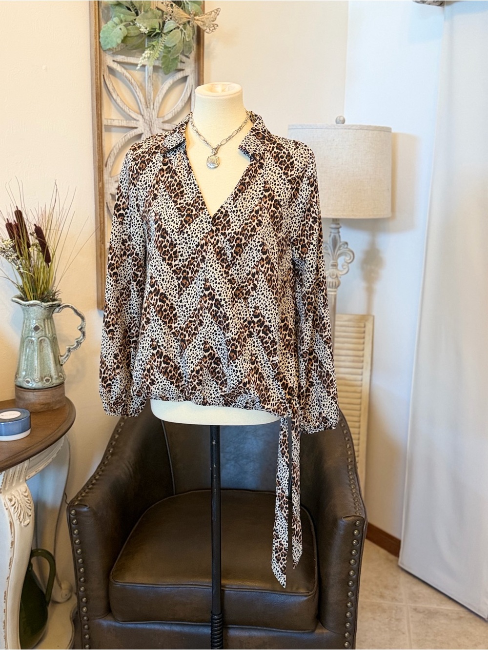 Bobeau leopard print faux wrap blouse NWT